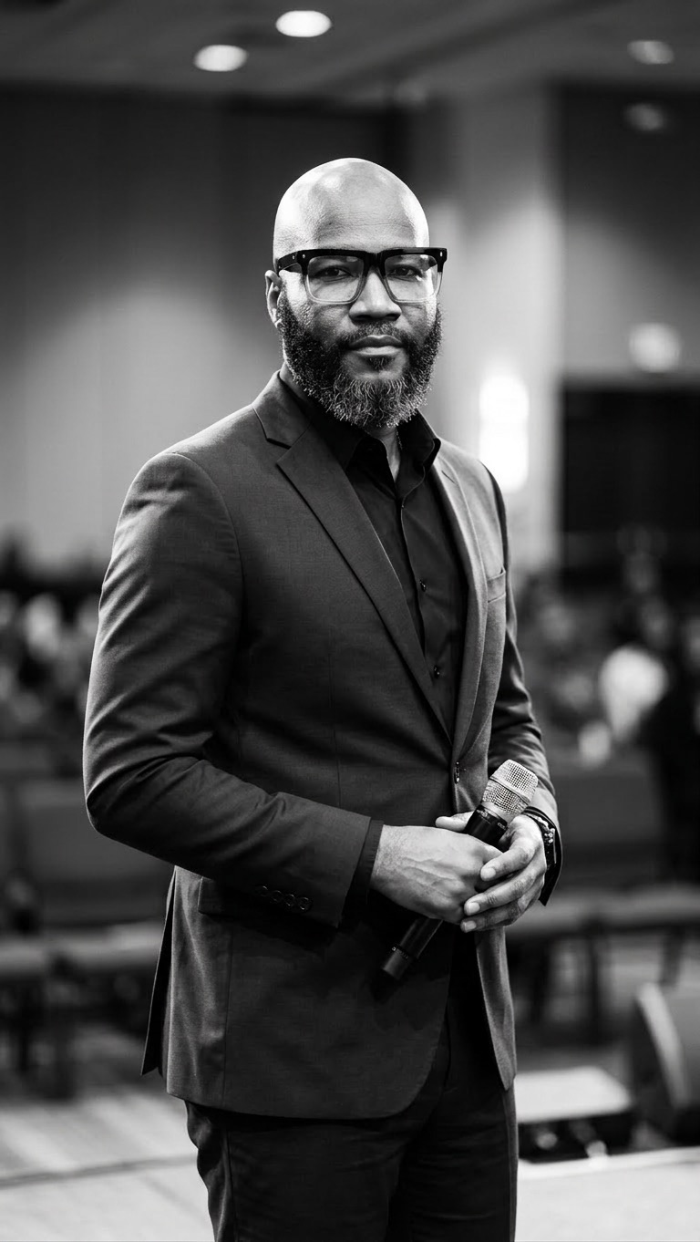 Lee Williams holding a microphone while speaking at an event